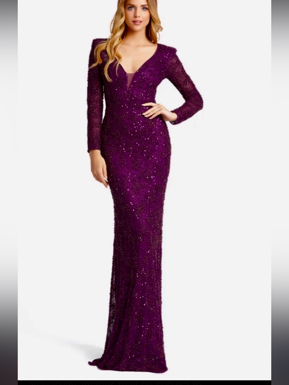 NWT Mac Duggal Plum Beaded Embellished Plum 5177 Long  Sleeve Gown 16
